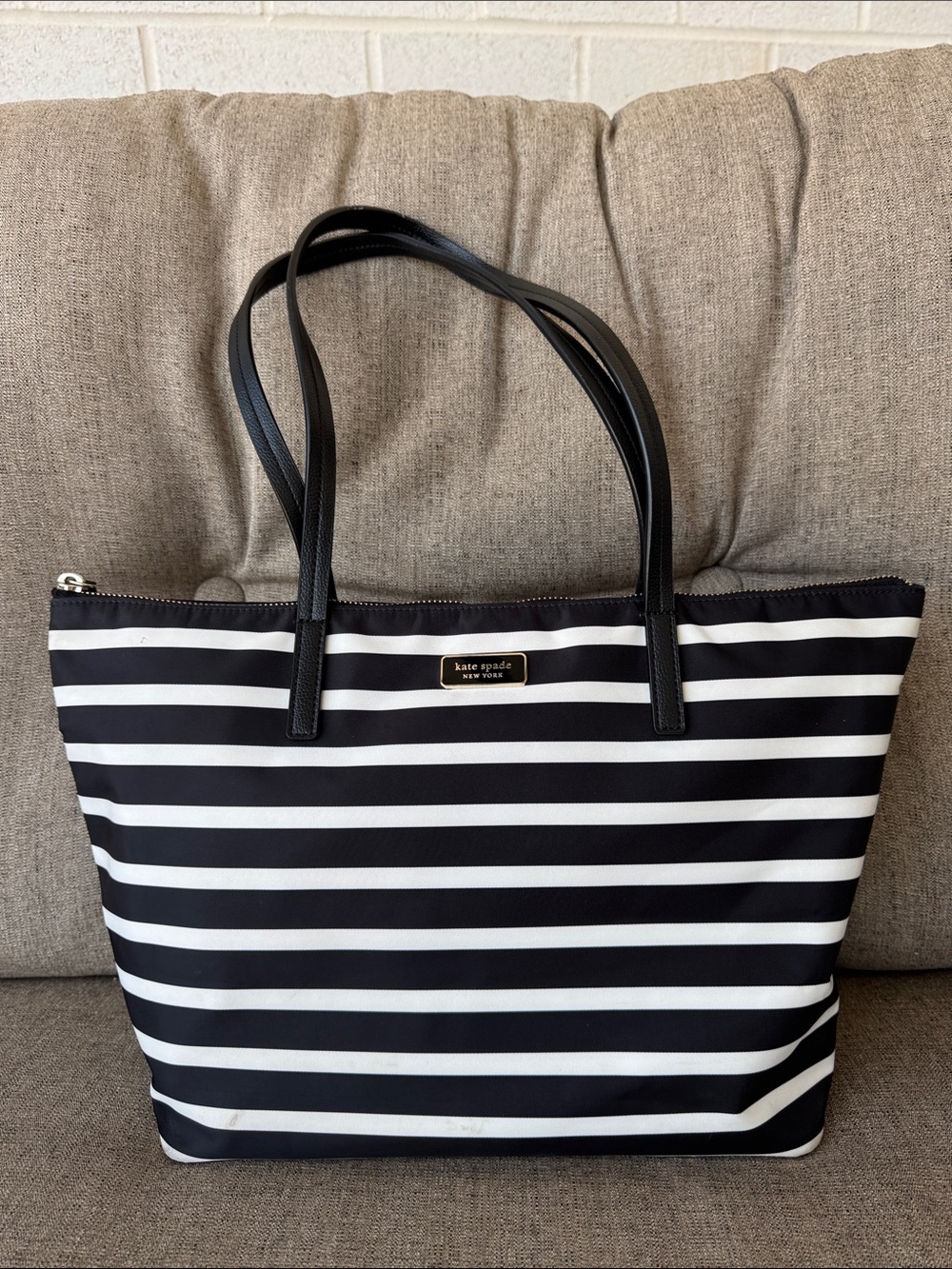 kate spade Black and White Striped Nylon Tote